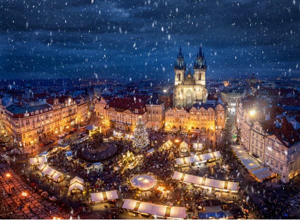an aerial shot of a city in Prague