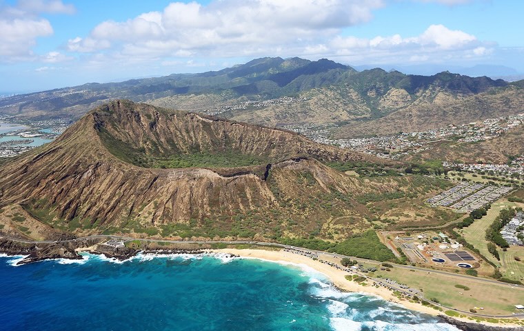 An aerial shot of a Hawaiian mountain